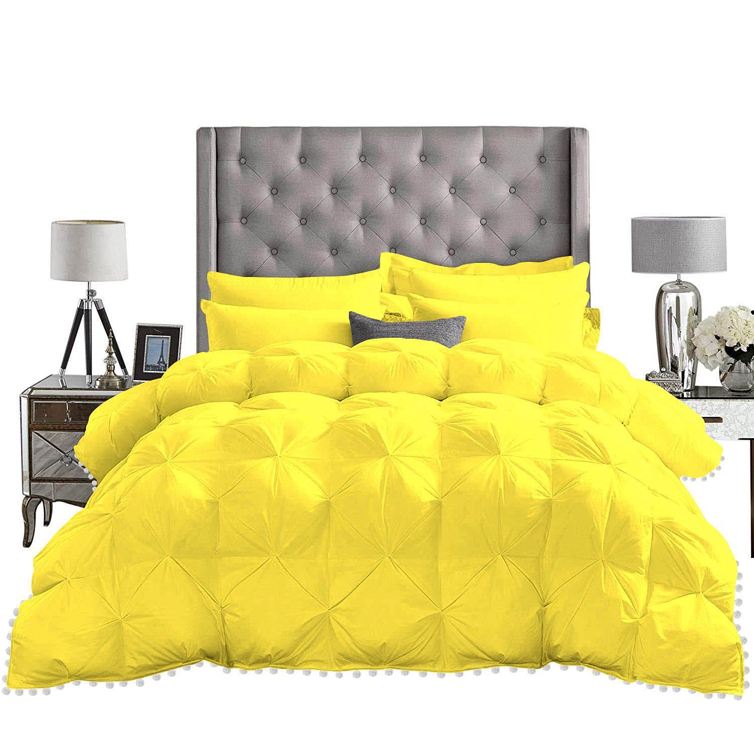 1 Piece White Pom Pom Pinch Pleated Comforter | 1000 Thread Count 100% Egyptian Cotton