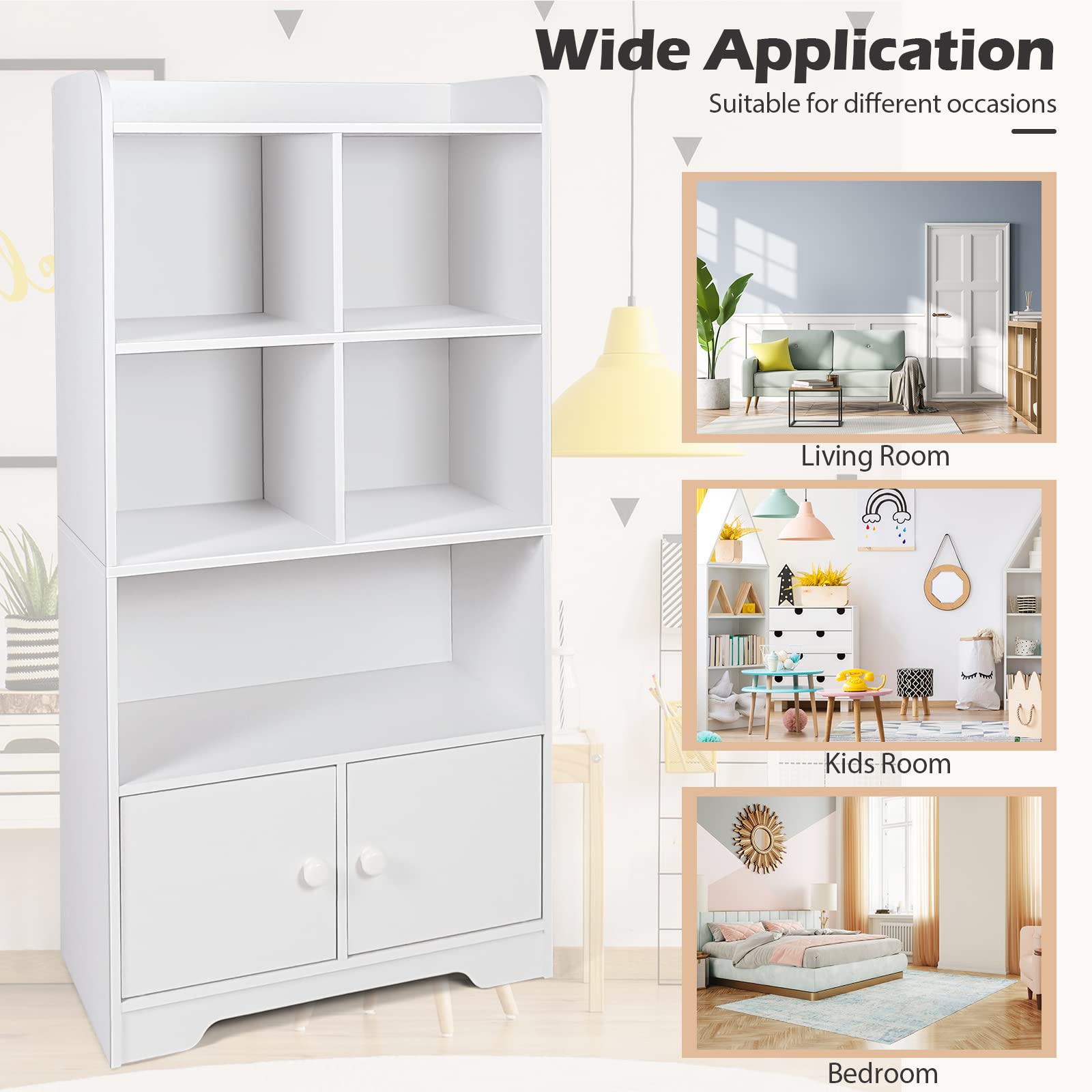 4-Tier Bookcase with Doors, 47.5" Tall Freestanding White Bookshelf with 3 Shelves