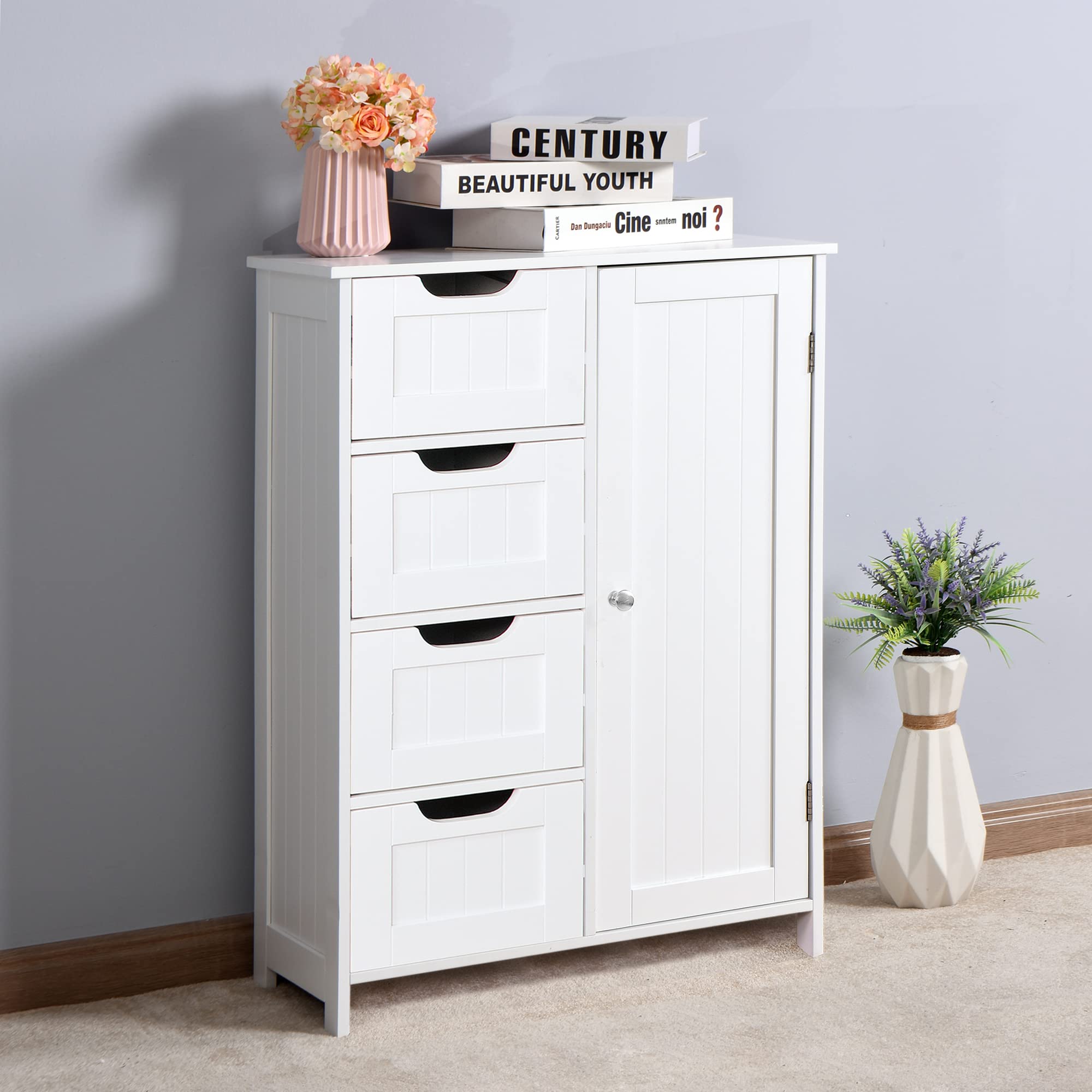 Wooden Bathroom Floor Cabinet, Side Storage Organizer Cabinet