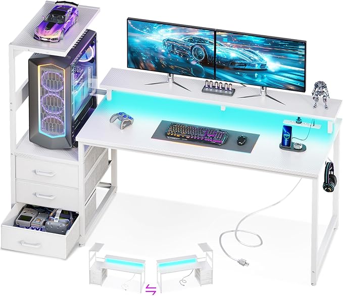 59 Inch Gaming Desk with USB Charging Ports & LED Light- Reversible Computer Desk