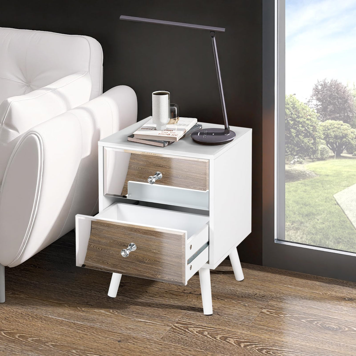 White Nightstand Set of 2, Mirrored Bedside Table Set of 2, Modern Bedroom Night Stands