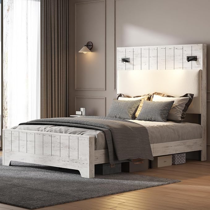 Queen Size Bed Frame with 57" Tall Headboard, Modern Platform Bed Frame