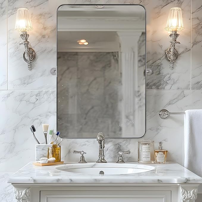 Black Bathroom Mirrors , Metal Framed Rounded Rectangle Wall Vanity Mirror