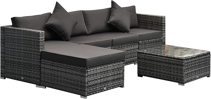 6-Piece Outdoor Wicker Sectional Sofa Set with Ottoman and Glass Table