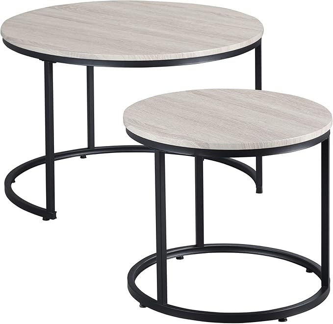 Round Nesting Tables Set of 2, Stacking Coffee Table Set with Metal Frame