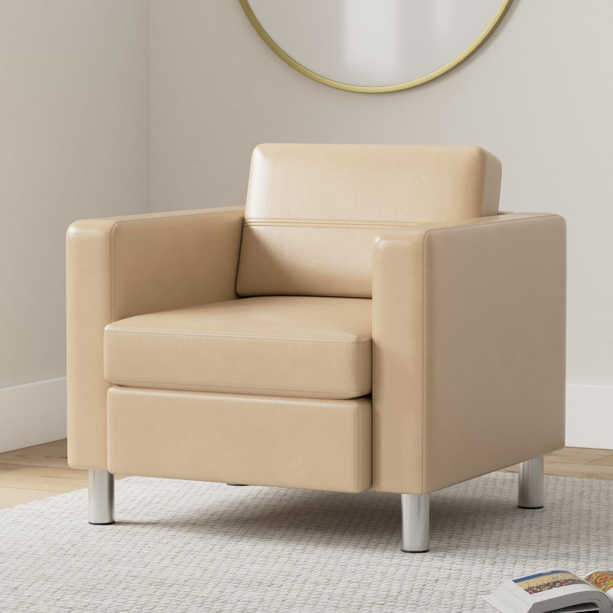 Armchair with Padded Box Spring Seats and Silver Finish Legs, Dillon Buff Faux Leather