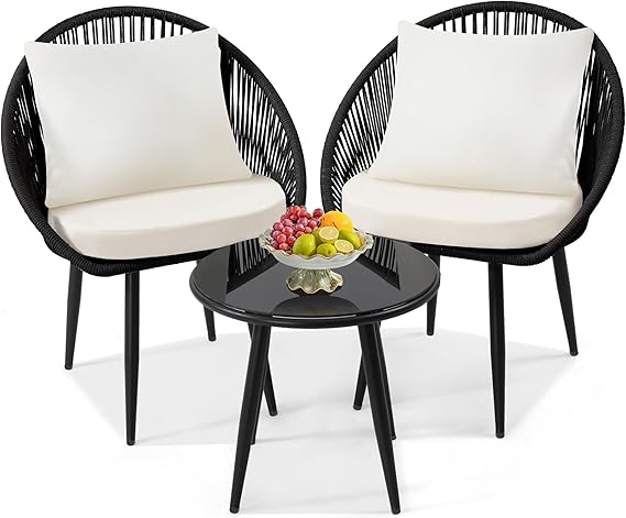 3-Piece Rattan Wicker Bistro Set with Glass Top Table - Space-Saving Outdoor Patio Furniture