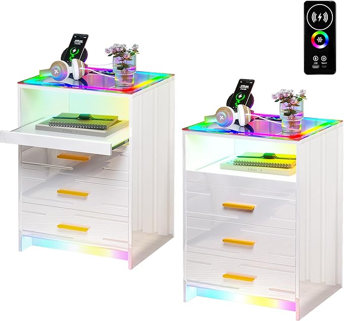 Nightstand Set of 2 with Wireless Charging Station