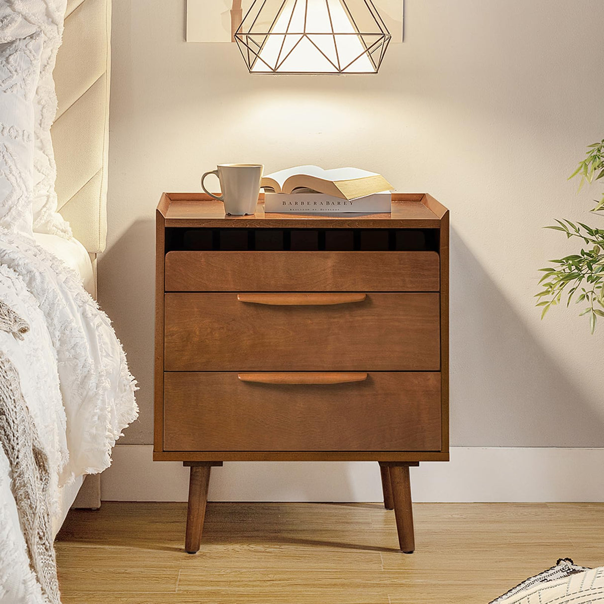 Nightstand with Charging Station, Mid-Century Modern 2 Drawer and Open Shelf Bedside