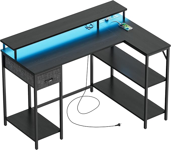 L Shaped Gaming Desk with LED Lights & Power Outlets, Reversible Computer Desk