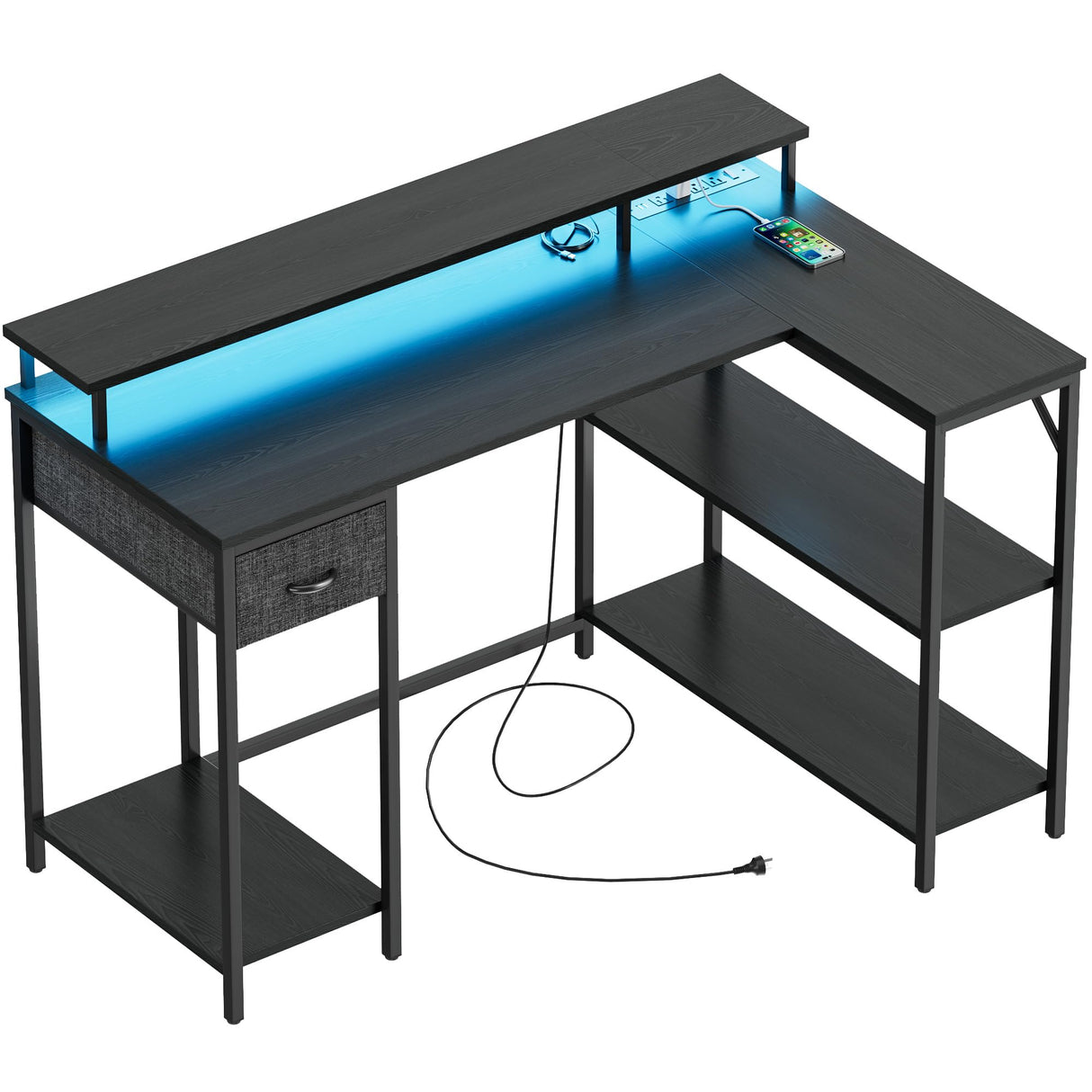 L Shaped Gaming Desk with LED Lights & Power Outlets, Reversible Computer Desk