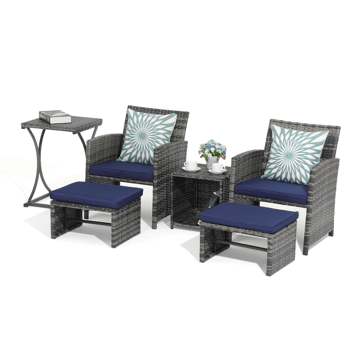 6 Piece Patio Furniture Conversation Set with Ottoman, Outdoor Grey Wicker Chair