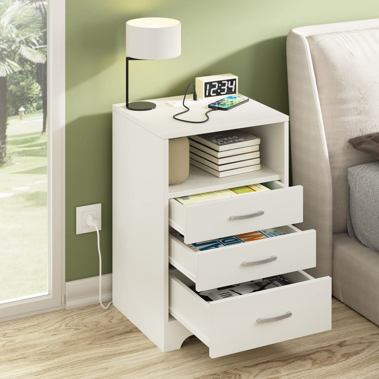 White Nightstand with Charging Station, Modern End Side Table with 3 Drawers, Wooden