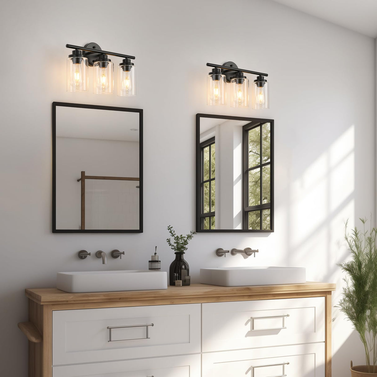 3 Lights Bathroom Vanity Light Fixtures Black Modern Wall Sconce Light with Clear Glass