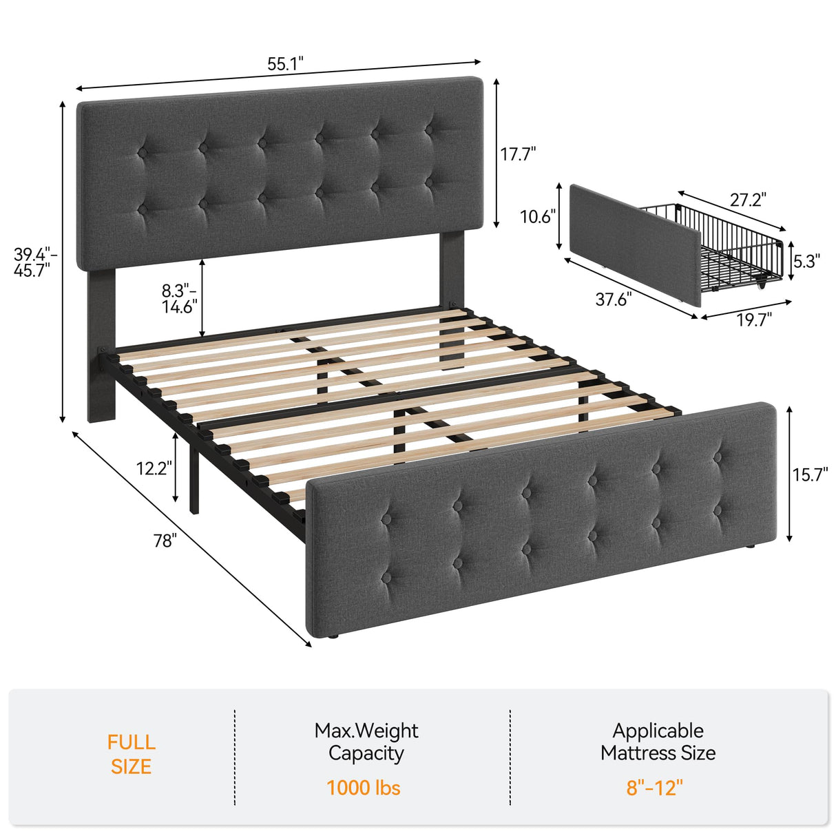 Idealhouse Upholstered Bed Frame with 4 Drawers & Adjustable Tufted Headboard
