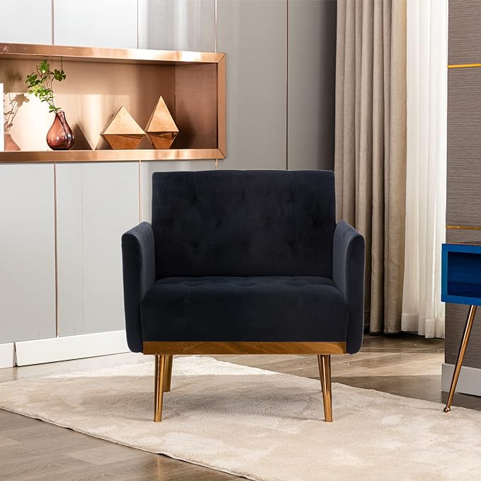 Modern Velvet Accent Chair, Upholstered Single Sofa Chair with Rose Gold Metal Trim, Comfy Living Room Lounge Armchair for Relaxing, Navy Blue