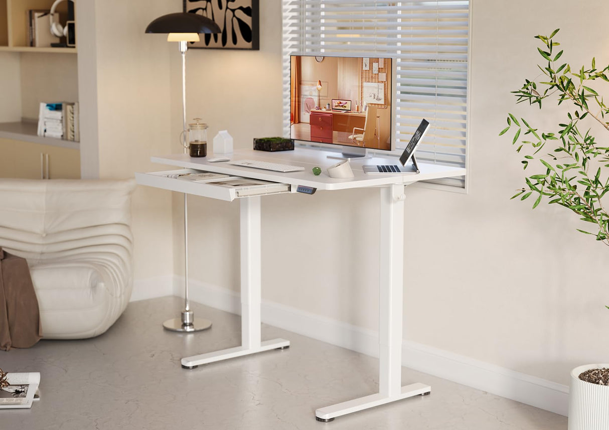 Standing Desk with Drawers, 48 x 24 Inch White Standing Desks Electric Adjustable