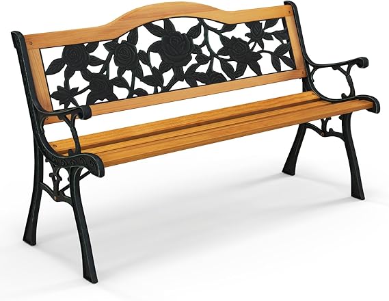 Outdoor Garden Bench Park Bench, Patio Bench Chair with Cast Iron & Hardwood Structure