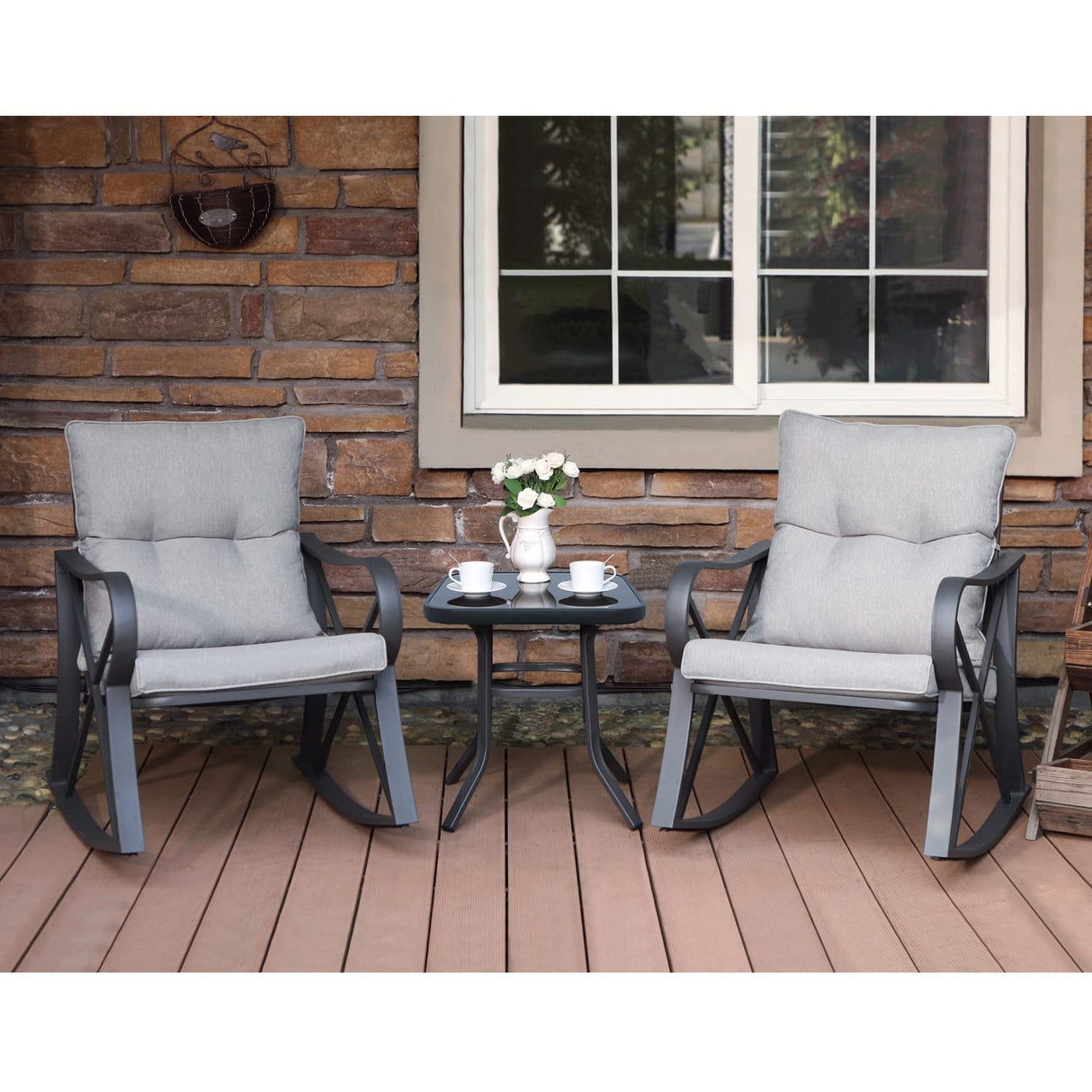 3 Piece Bistro Set Patio Rocking Chairs Outdoor Furniture w Warm Gray Cushions