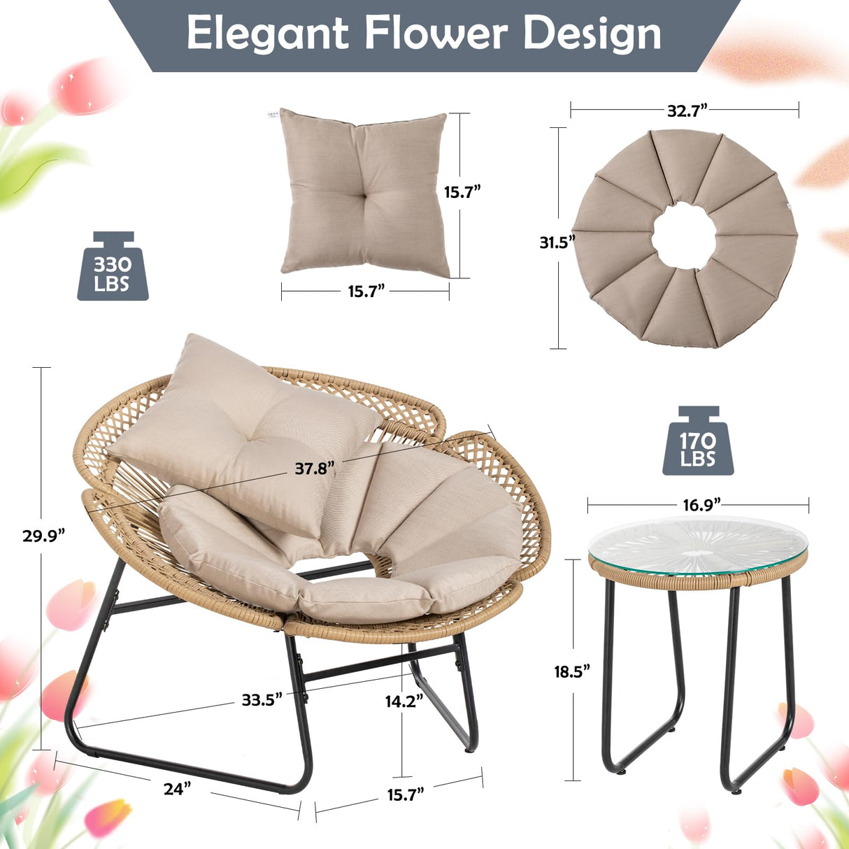 3 Pieces Rattan Bistro Set, Flower-Shaped Wicker Patio Furniture Set with Cushion & Pillow