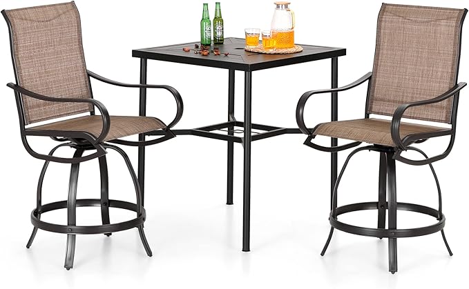3 Piece Outdoor Bar Set, Counter Height Patio Bar Bistro Table and Swivel