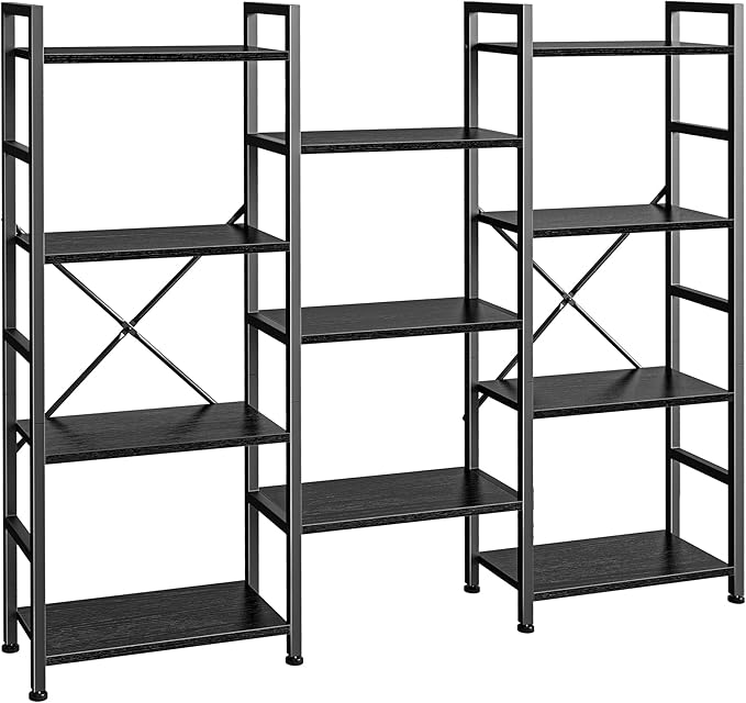 Triple 4 Tier Bookshelf, Bookcase with 11 Open Display Shelves, Wide Book Shelf Book Case for Home & Office, Rustic Brown
