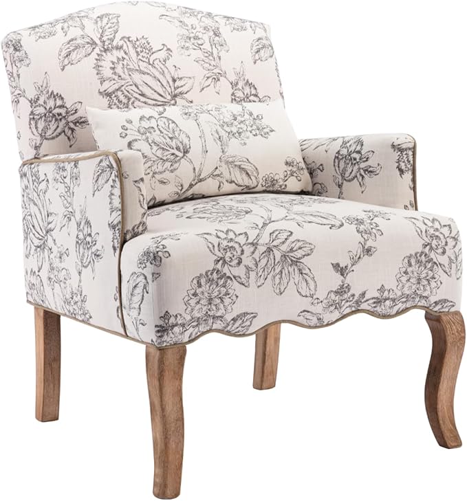 Mid Century Accent Chairs Modern Floral Armchair Upholstered Reading Chair Linen