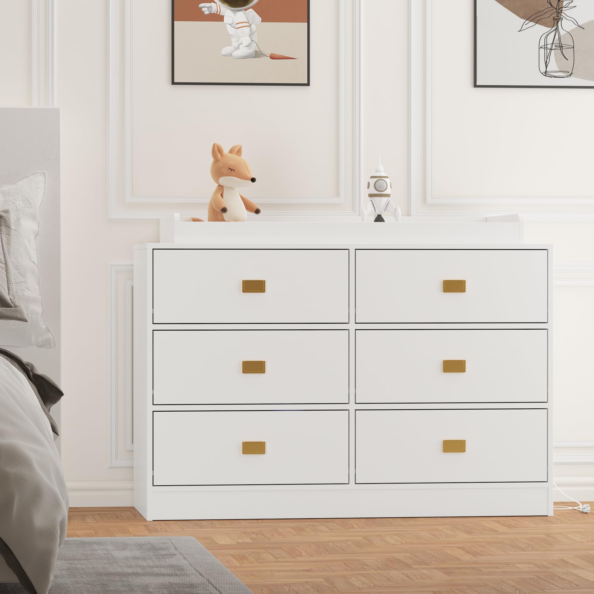 Dresser for Bedroom with 6 Drawers, Wide Chest of Drawers with Changing Table Top