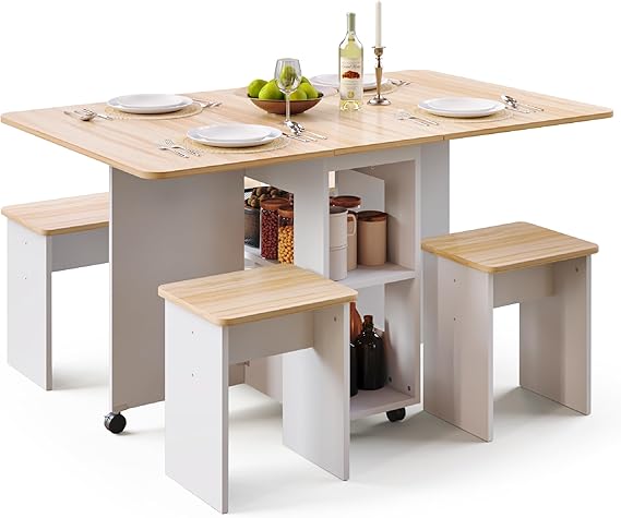 5-Piece Folding Dining Set with Storage & Wheels