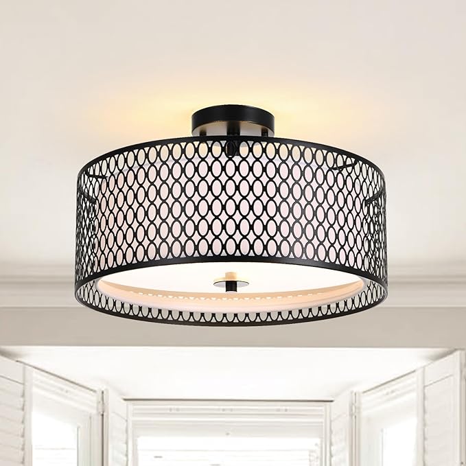16" Semi Flush Mount Ceiling Light Fixture, 3-Light Golden Metal Mesh Drum Ceiling Light