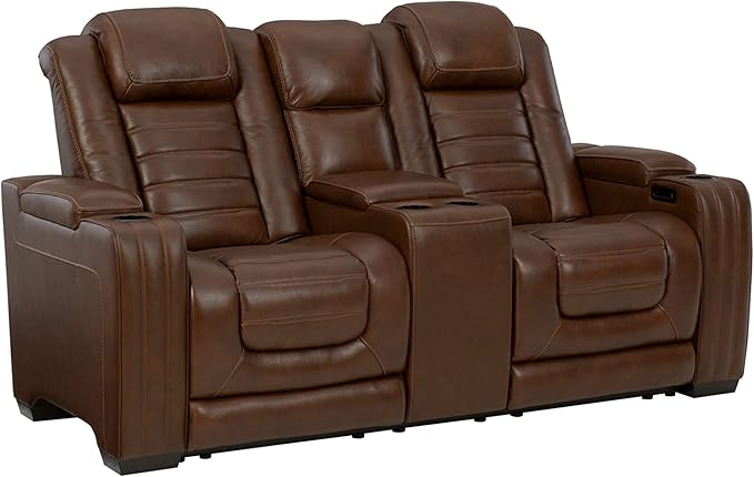 The Man-Den Leather Power Reclining Loveseat with Center Console, Adjustable Headrest