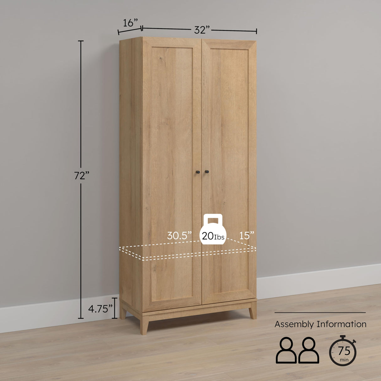 72" Tall Storage Cabinet with Wood Legs, Pantry Cabinet with 3 Adjustable Shelves,