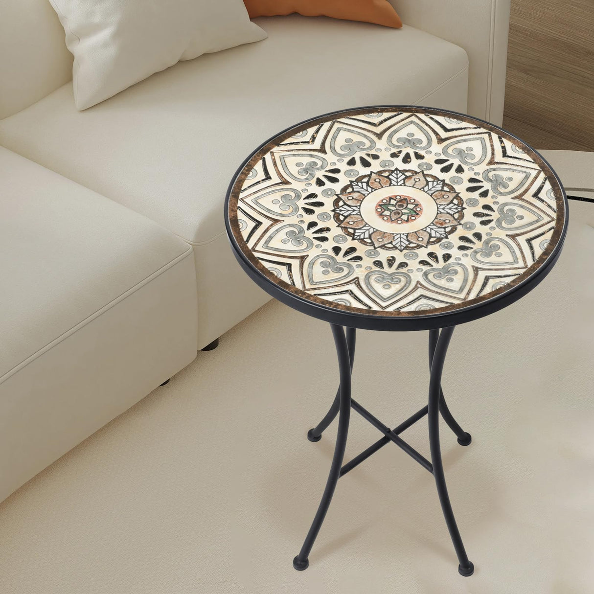 Mosaic Outdoor Side Table, 14" Round Folding Plant Stand for Patio Garden Backyard