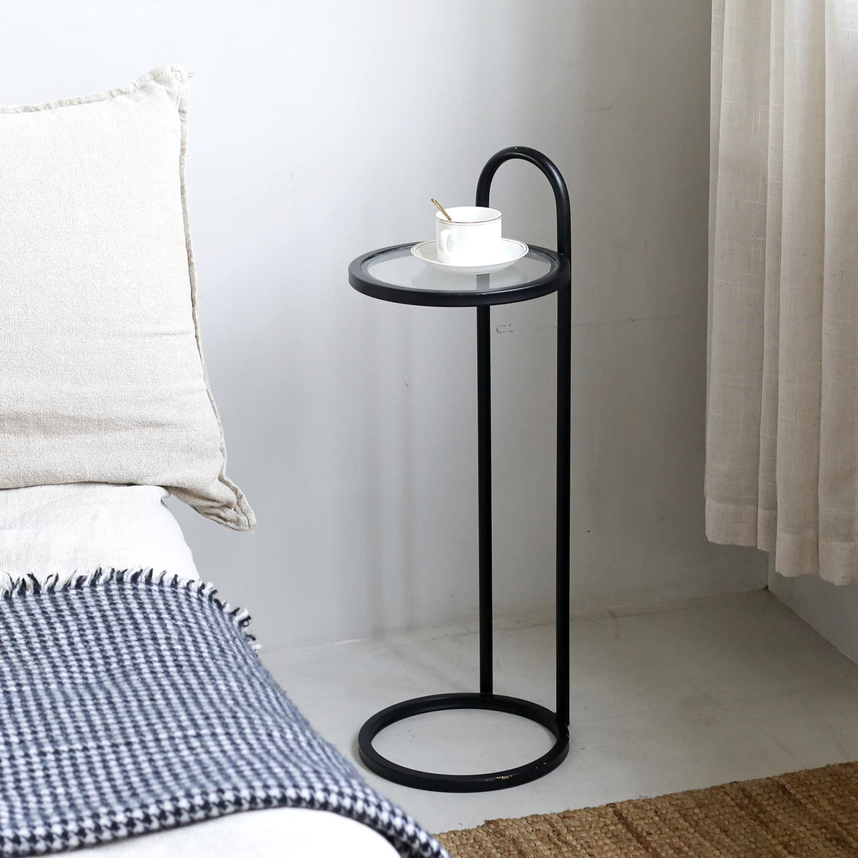 Black Glass Small Drink Snack Accent Martini Table, C Shaped Side End Table