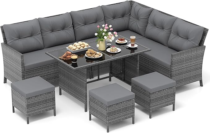 7 Pieces Patio Dining Furniture Set, Outdoor PE Rattan Sectional Sofa Set