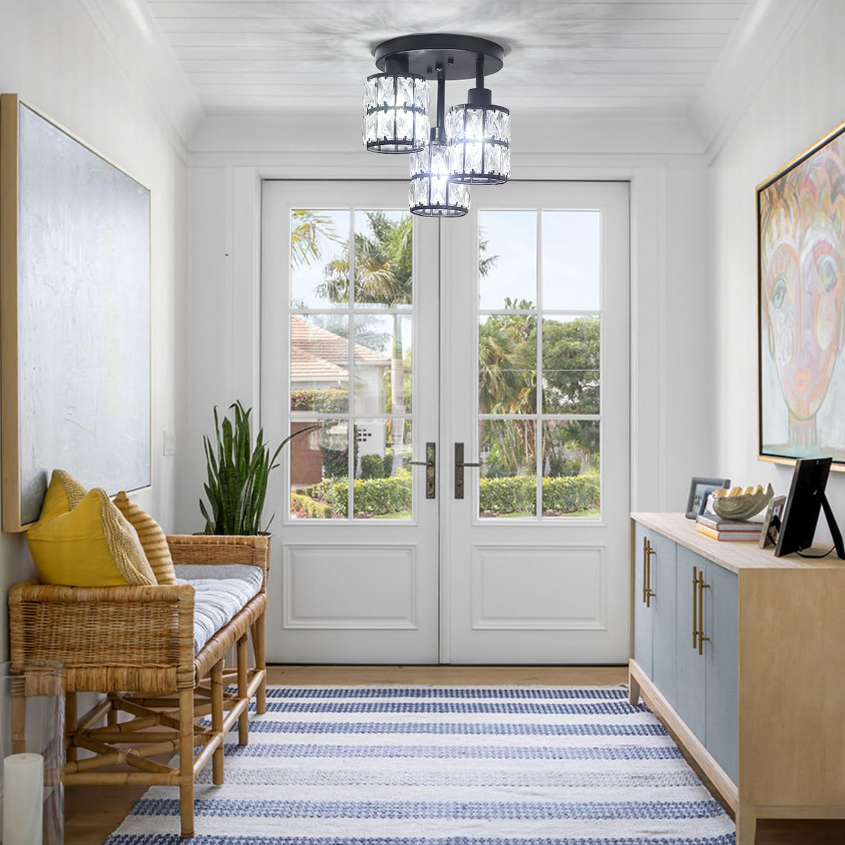 Semi Flush Mount Ceiling Light, 3-Light Close to Ceiling Light Fixture Black Small Crystal