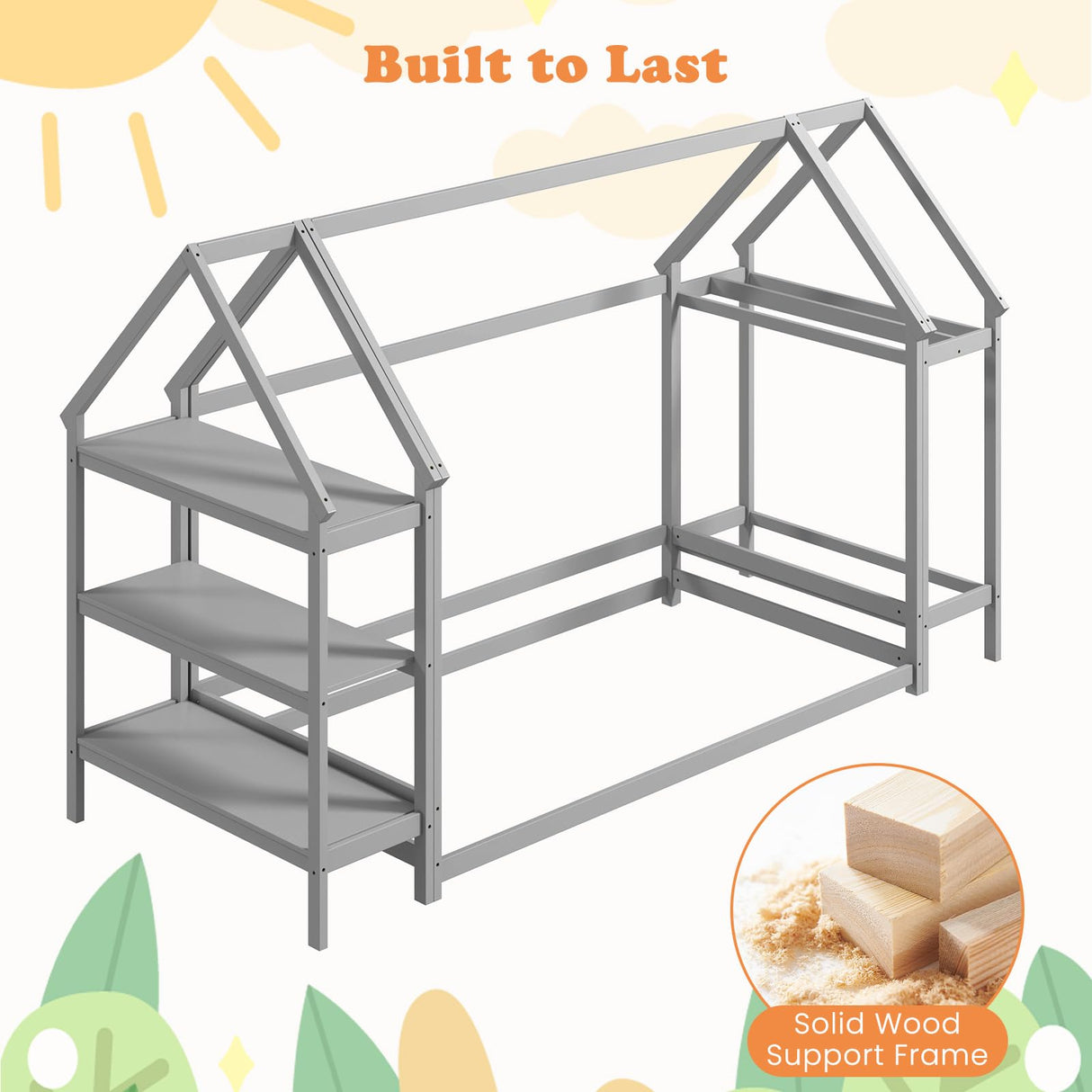 Twin Floor Bed, Wood Montessori Floor Bed with Detachable 3 Tier Storage Bookshelf & Clothes Rack