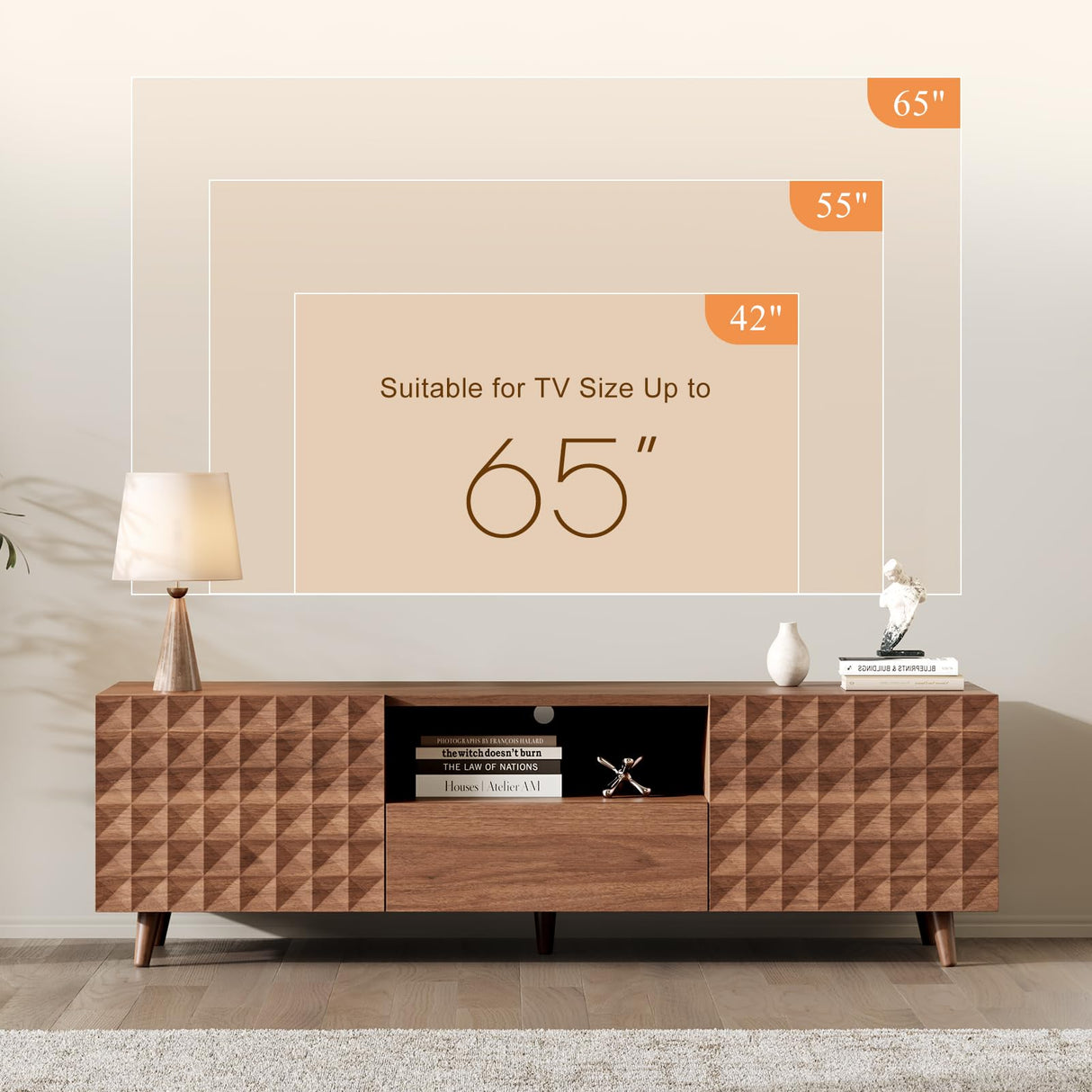 65 Inch TV Stand with Diamond Panel - Modern Entertainment Center