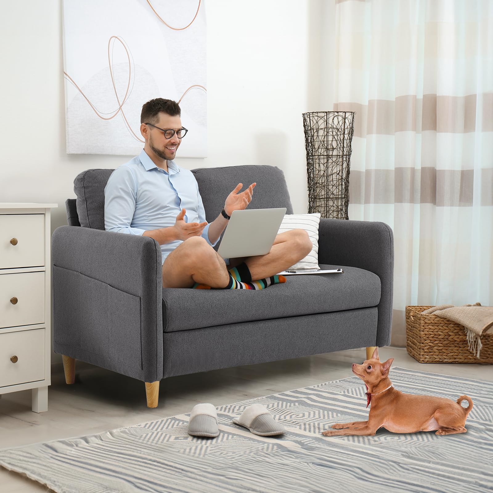 47" Small Couch, Linen Loveseat Sofa Dark Grey Mini Couch Mid Century Modern Decor