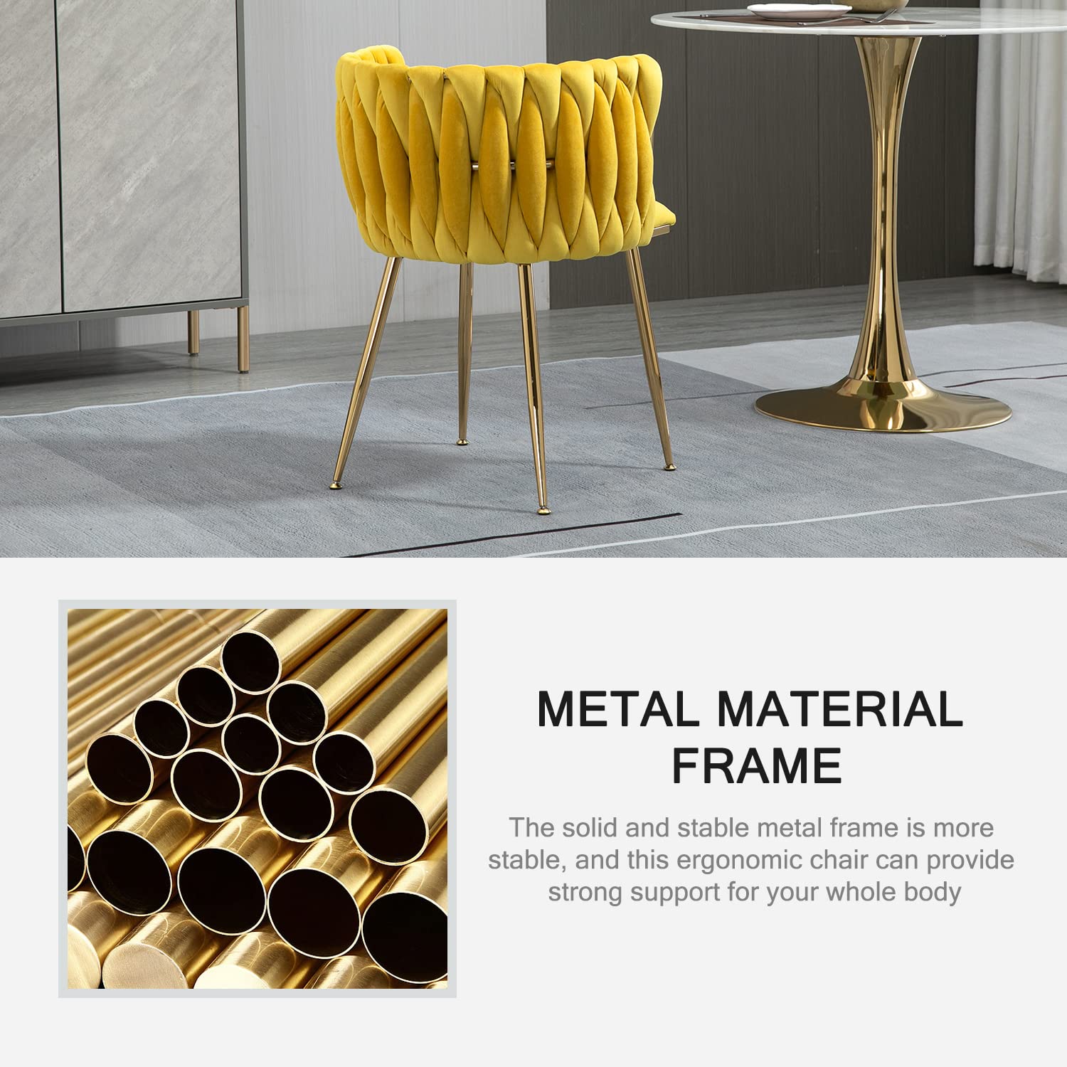 Nrizc Woven Dining Chairs Set of 2, Velvet Upholstered Dining Chairs with Gold Metal Legs, Modern Accent Chairs for Living Room, Dining Room, Kitchen (Yellow)