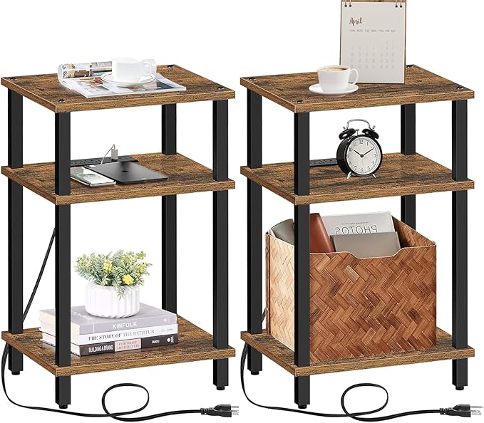 End Table with Charging Station, Side Table with USB Ports and Outlets, Nightstand, 3
