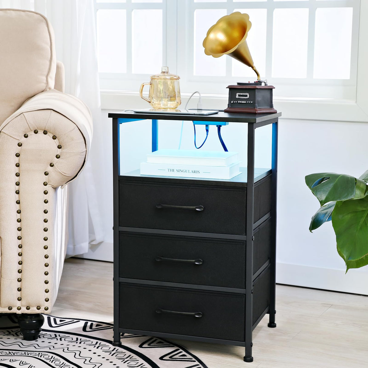 Night Stand Set 2, LED Nightstand with Charging Station, End Tables with Storage Shelf