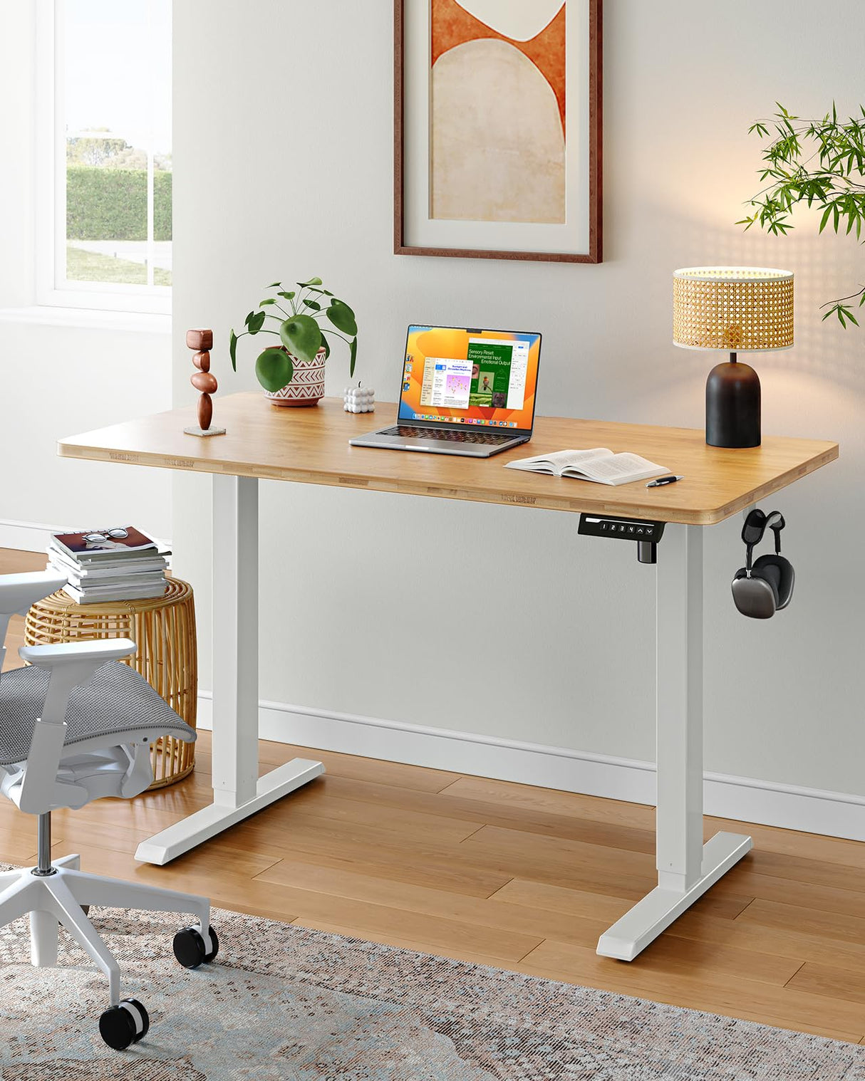 Whole Piece Standing Desk with Bamboo Desktop, Adjustable Stand Up Desk for Home Office, Electric Computer Desk Workstation with Cable Management Tray, 48x24 inch, Bamboo, EGESD64RB