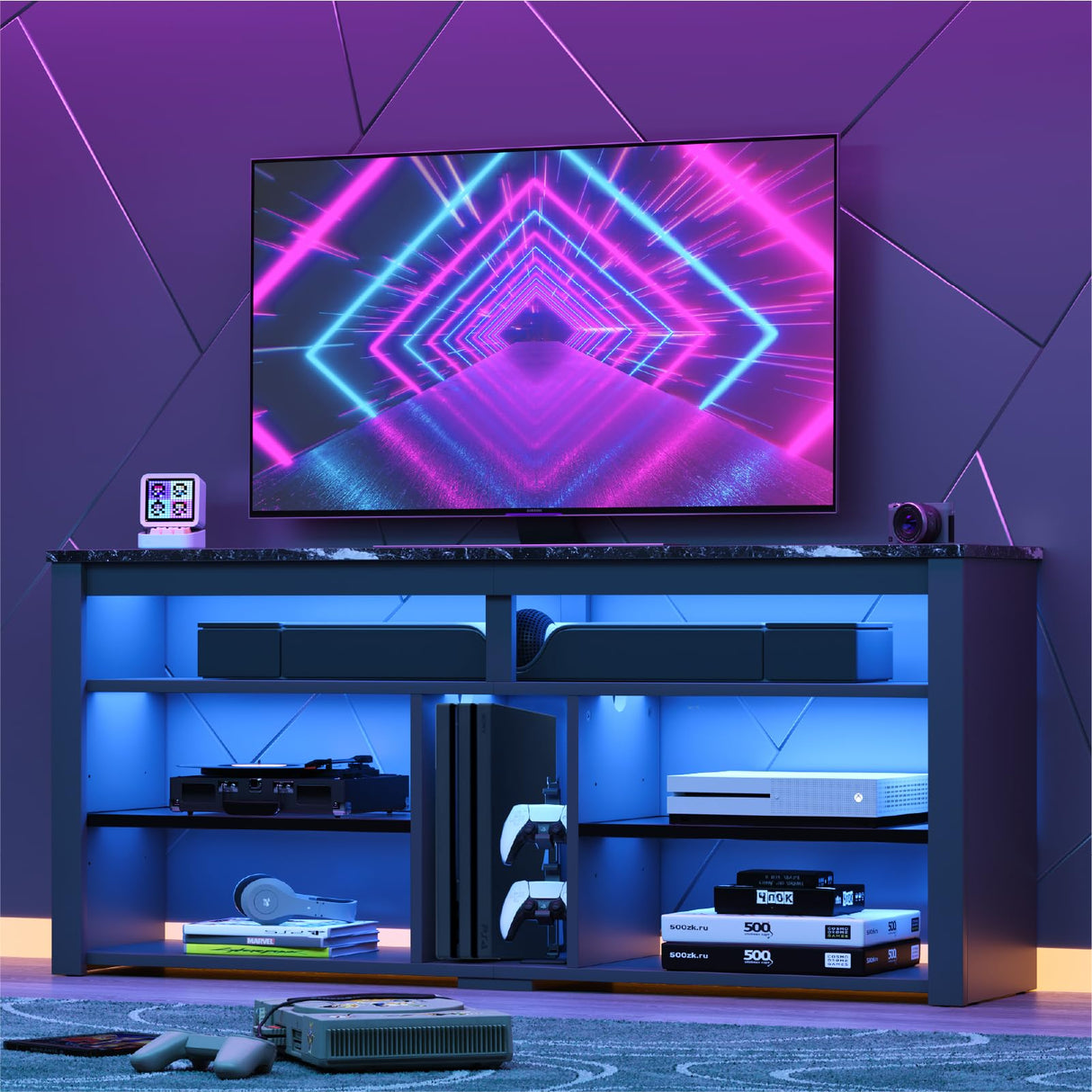 LED Tall Entertainment Center, 55/60/65 inch TV Stand with Storage for PS5 Xbox