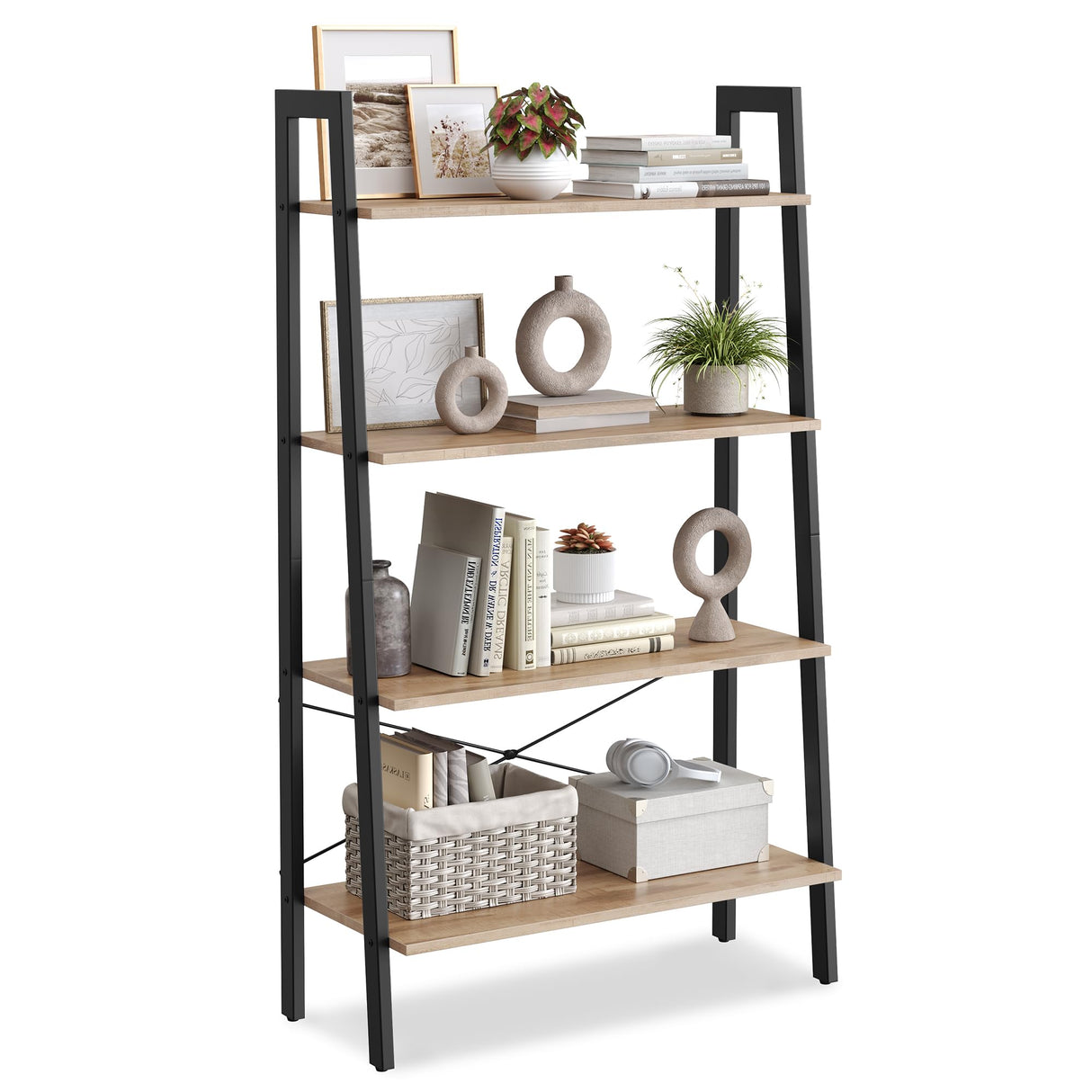 Ladder Shelf, 4-Tier Bookshelf, Storage Rack, Bookcase with Steel Frame, for Living Room