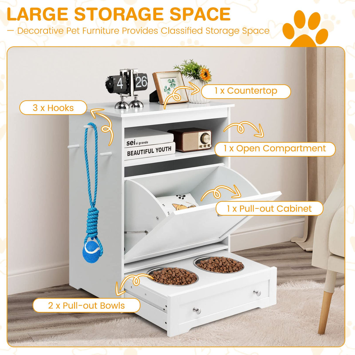 Pet Feeder Station with Storage & Double Bowls