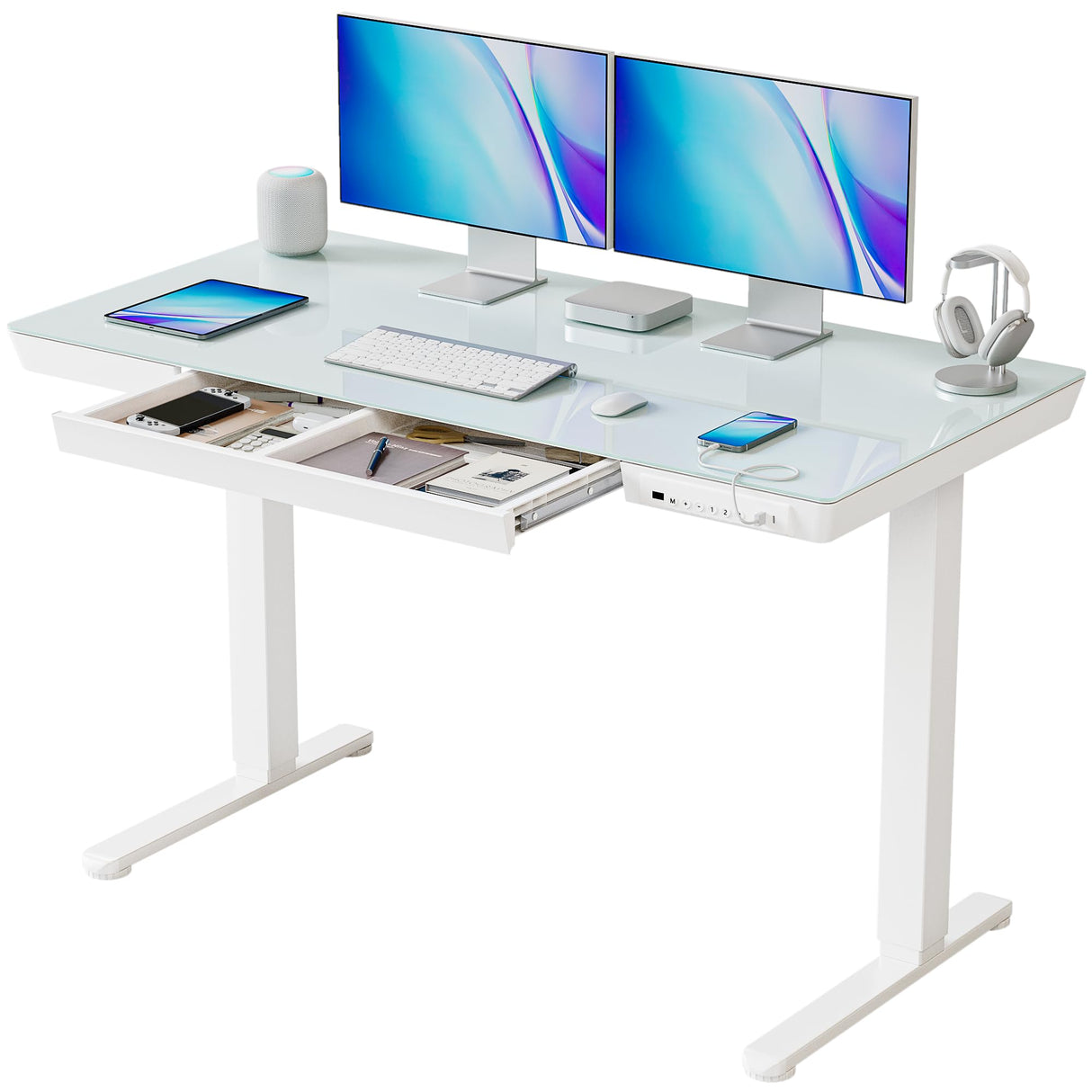 Electric Standing Desk with Drawers, 48 inch Whole-Piece Glass Desktop