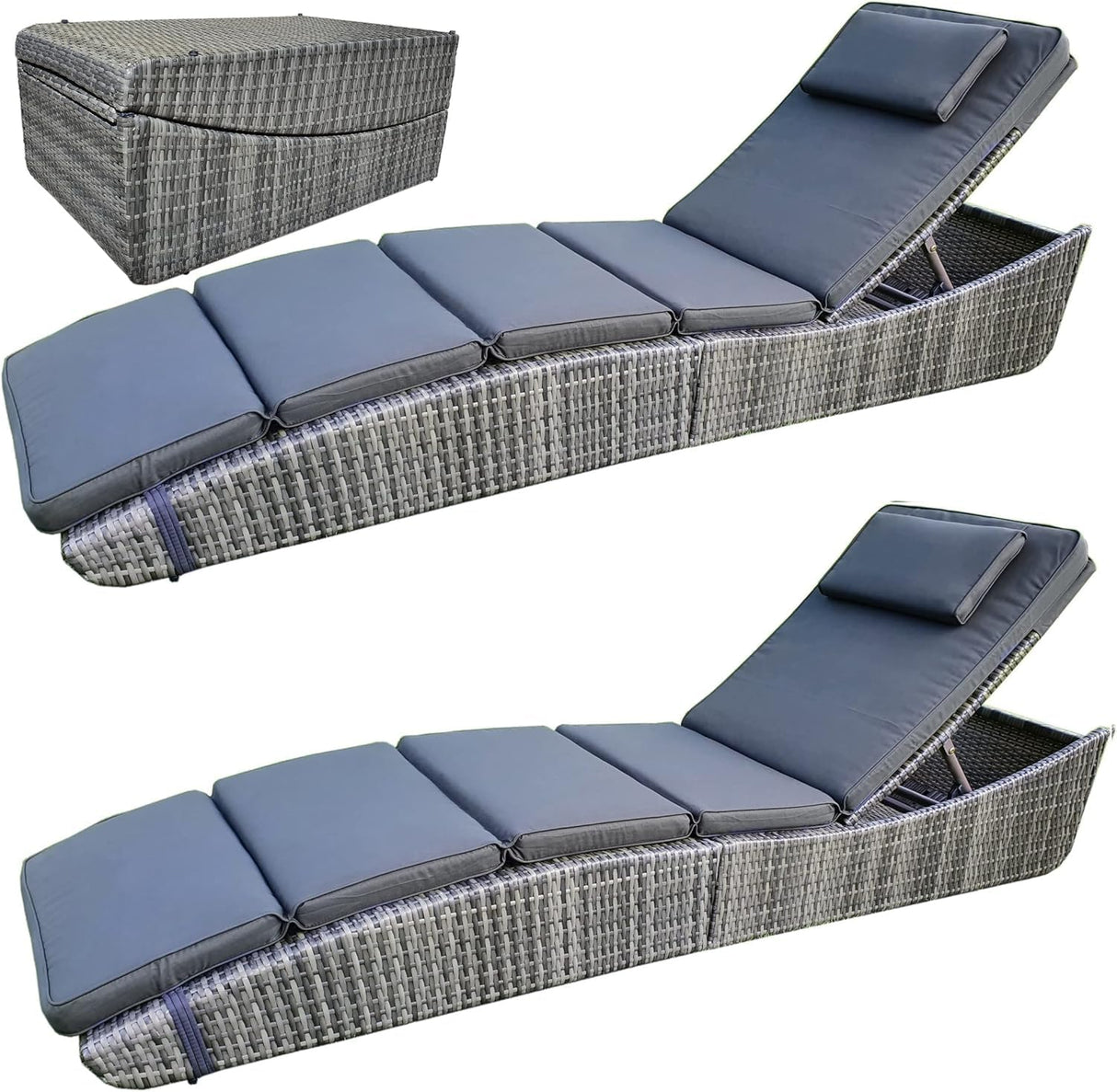 Set of 2, Foldable Outdoor Chaise Pool Lounge Chairs Folding Wicker Rattan Sun Bed Patio Couch