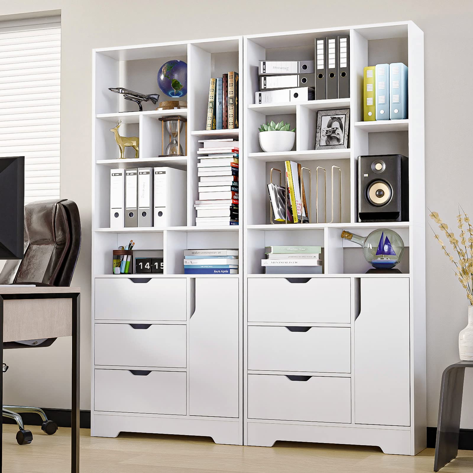 Stylish White Bookshelf, 71" Tall Bookshelf with Doors and 3 Drawers