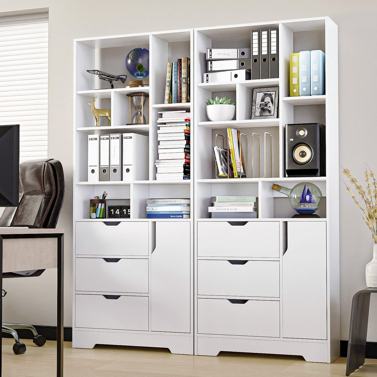 Stylish White Bookshelf, 71" Tall Bookshelf with Doors and 3 Drawers